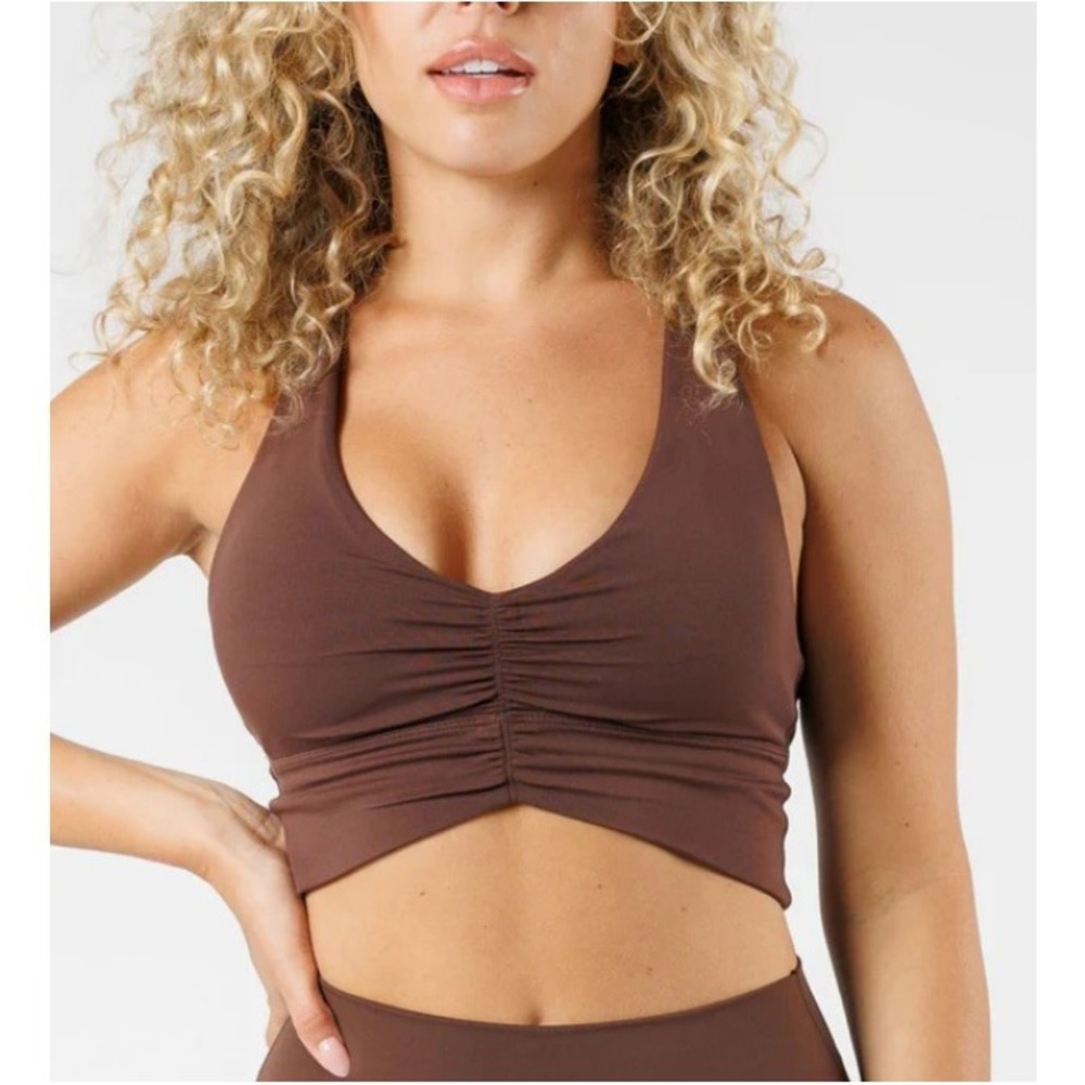 Paragon Reluna Women's Earth Ruched Deep V Neck Sports Bra Size XS NWT